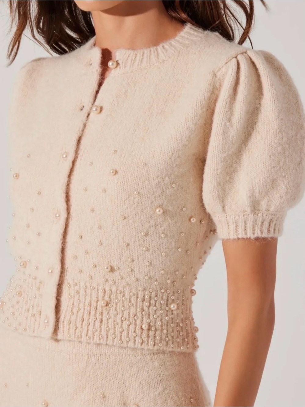 Astr Pearl-Embellished Puff Sleeve Cardigan - Cream